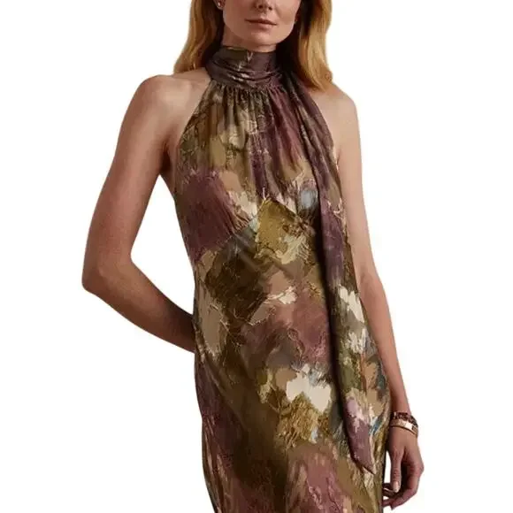 Lauren Ralph Lauren Floral Satin Halter Gown Multi Empire Waist Side Zip  Closure